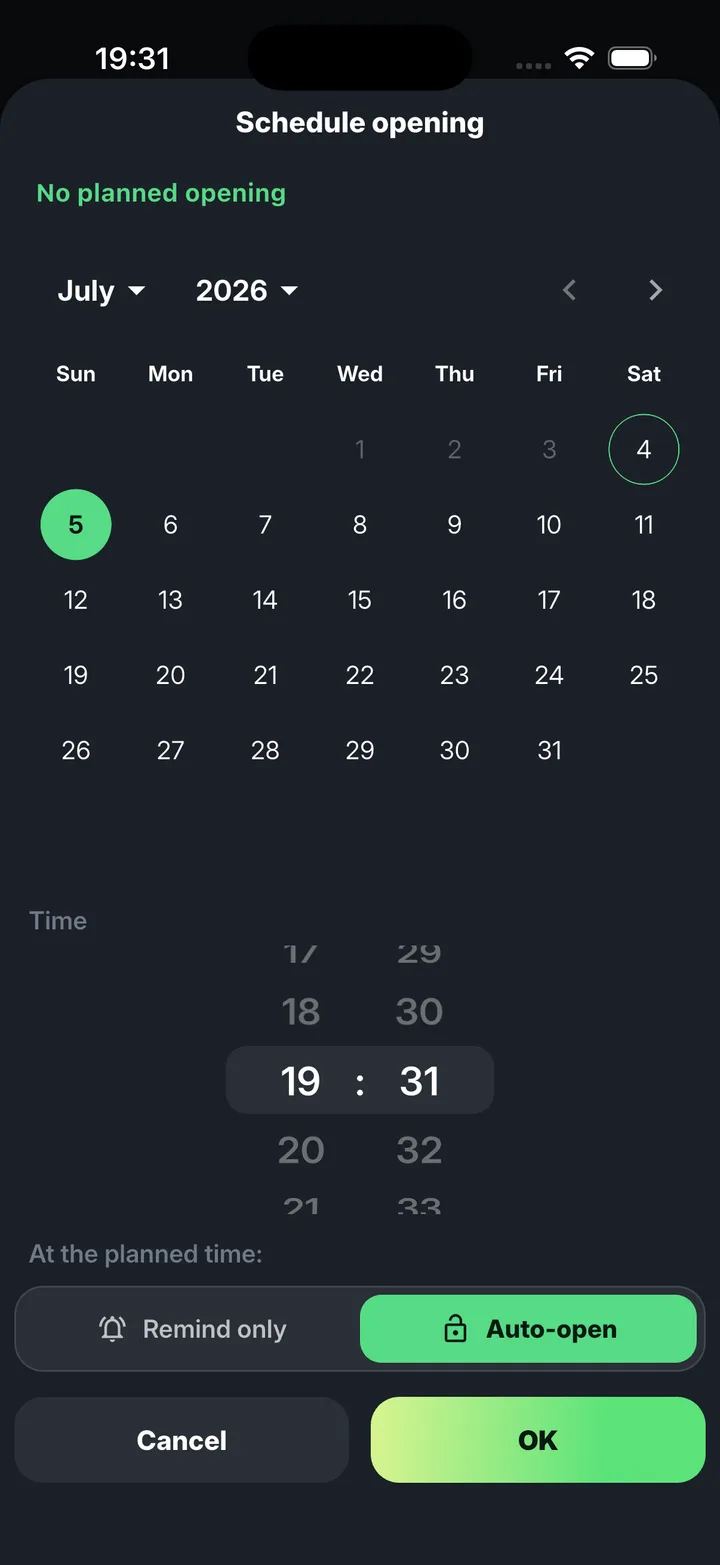 Scheduled opening with countdown